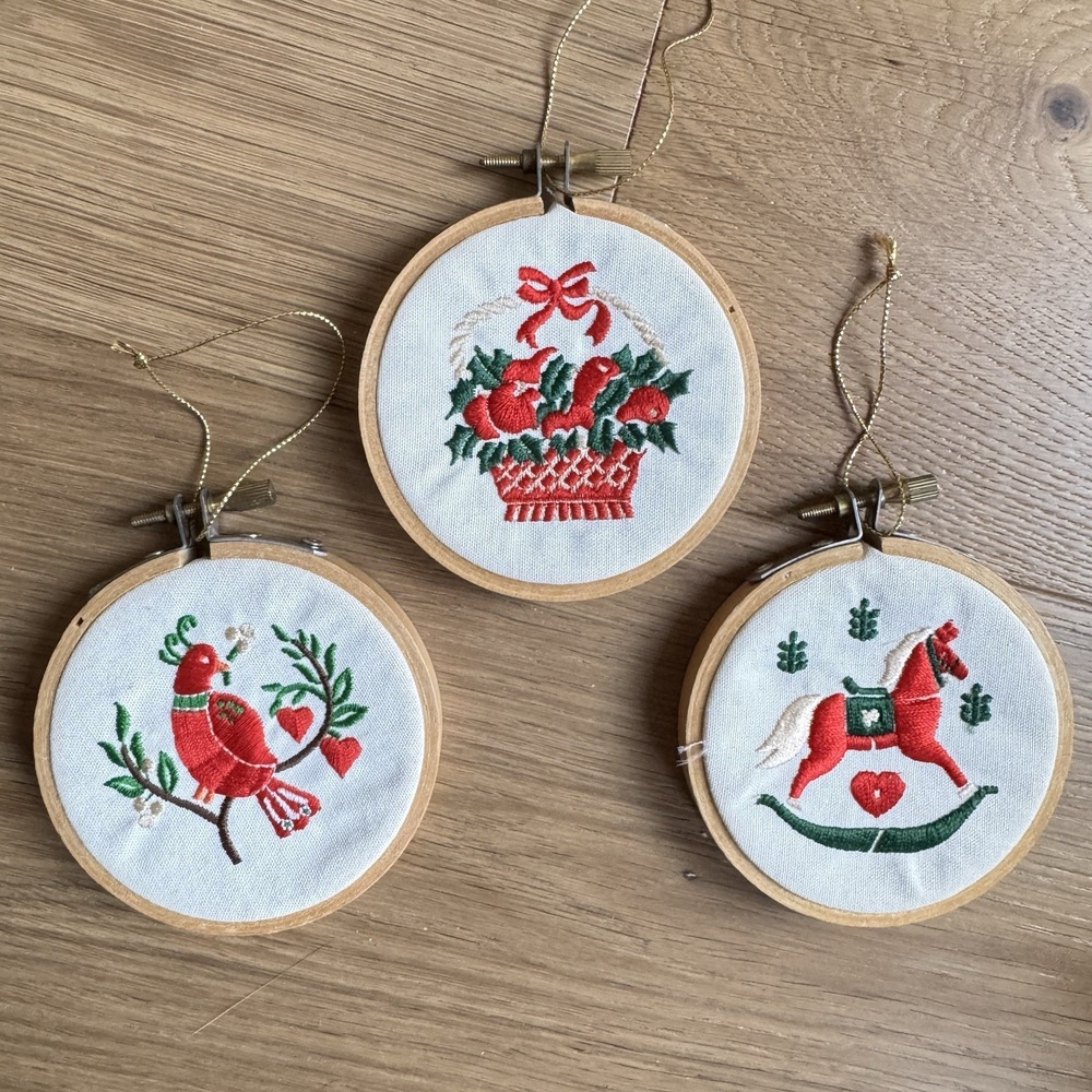Vintage Embroidered in Hoop Christmas Ornament Lot 3 Cottage Core Kitschy 80s